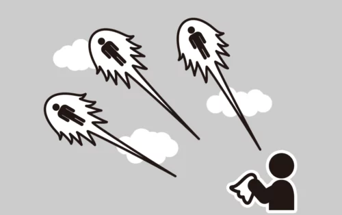 ピクトグラム風のイラスト。 雲の浮かぶ空を衝撃波を出しながら3人の人が飛んでいく。 右下にハンカチを振って見送る人がいる。