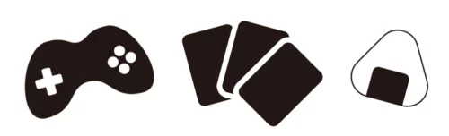 ピクトグラム風のイラストが3つ並んでいる。 左からゲーム機、カード複数枚、おにぎり
